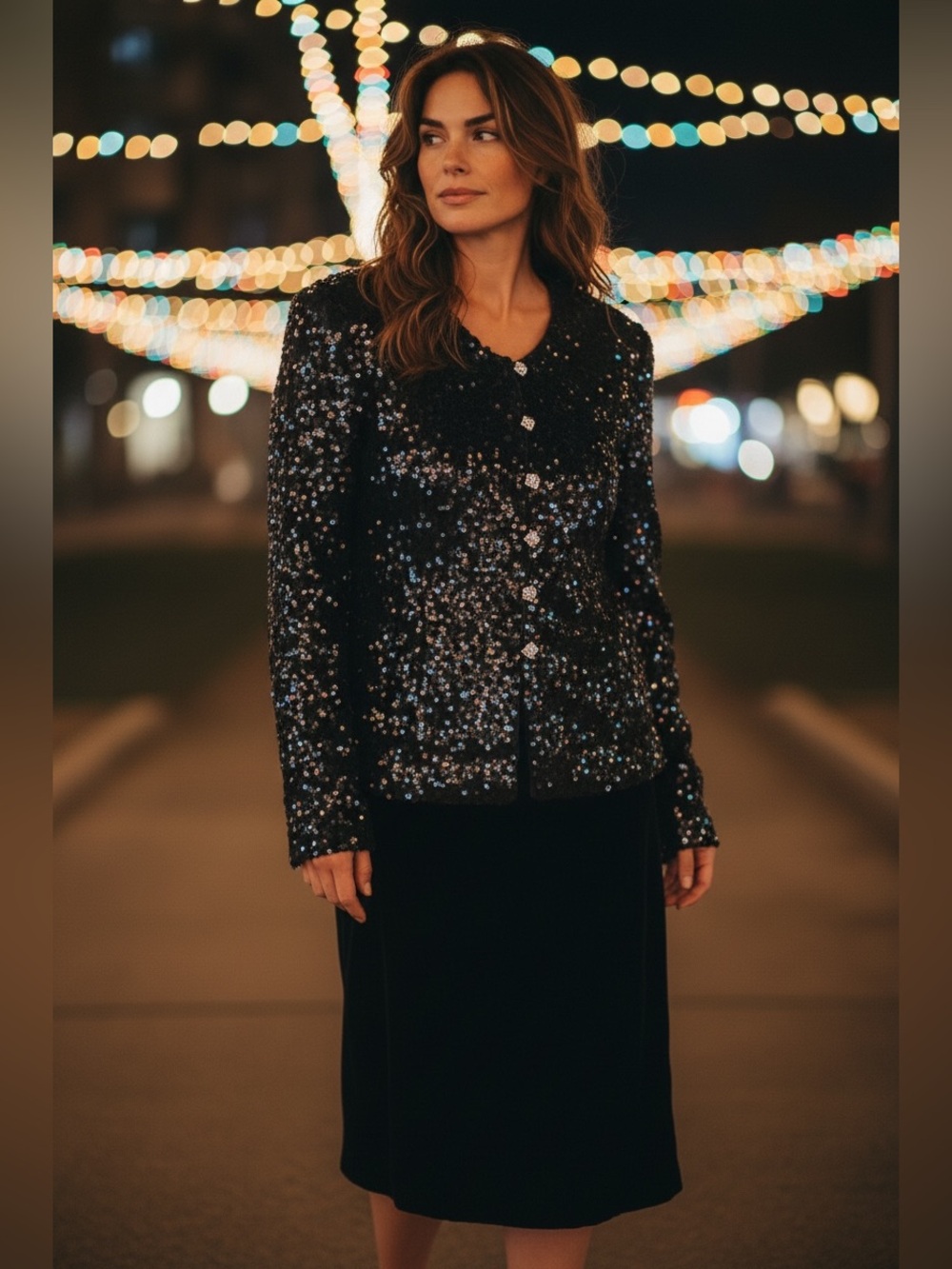 Three Flags Black Sequin Jacket and Black Velvet Skirt-EUC